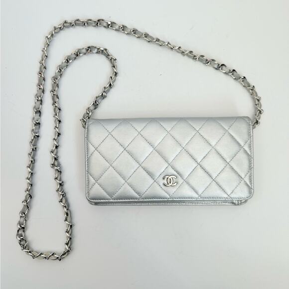 CHANEL Handbags - Chanel Metallic Silver Lambskin Leather CC Long Full Flap Wallet bag